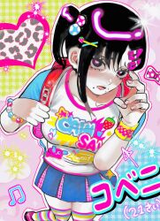  1girl arrow_(symbol) backpack bag black_eyes black_hair blue_skirt blue_thighhighs bracelet chainsaw_man commentary_request hair_ornament hairclip heart higashiyama_kobeni highres jewelry lower_teeth_only mojiba7 mole mole_under_mouth multicolored_thighhighs open_mouth pink_thighhighs shirt side_ponytail single_sidelock skirt solo striped_clothes striped_thighhighs teeth thighhighs translation_request white_shirt yellow_thighhighs 