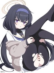  1girl :o absurdres bar_censor black_hair black_pantyhose blue_archive blue_eyes blue_hairband blue_neckerchief brown_cardigan cardigan censored cleft_of_venus commentary_request crossed_bangs dsuzu feet_out_of_frame hair_over_shoulder hairband halo hands_on_own_thighs heart heart-shaped_pupils highres jewelry jitome legs_up long_hair long_sleeves looking_at_viewer low_twintails miniskirt mons_pubis neckerchief necklace no_panties no_shoes open_cardigan open_clothes pantyhose parted_lips pendant pink_pupils pleated_skirt presenting_pussy pussy raised_inner_eyebrows sailor_collar school_uniform serafuku shirt simple_background sitting skirt solo symbol-shaped_pupils torn_clothes torn_pantyhose turtleneck twintails ui_(blue_archive) very_long_hair white_background white_sailor_collar white_shirt white_skirt yellow_halo 