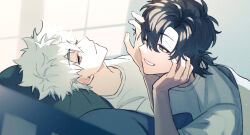  2101341bbb 2boys black_hair blue_eyes brown_eyes cheng_xiaoshi closed_mouth eye_contact grin hair_between_eyes hand_on_another&#039;s_face hand_on_own_face hand_up head_rest highres holding_another&#039;s_hair indoors looking_at_another lu_guang lying male_focus multiple_boys on_back on_bed on_stomach one_eye_closed pillow playing_with_another&#039;s_hair ponytail shiguang_dailiren shirt short_hair short_ponytail short_sleeves smile t-shirt under_covers upper_body white_hair white_shirt yaoi 