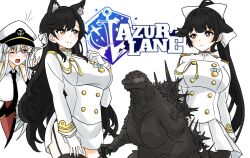  3girls animal_ears atago_(azur_lane) azur_lane black_hair black_pantyhose brown_eyes crossover dog_ears enterprise_(azur_lane) garter_straps gloves godzilla godzilla_(minus_one) godzilla_(series) godzilla_minus_one hair_flaps hair_ribbon highres ibuki_(tulta_icon) kaiju logo long_hair military_uniform multiple_girls naval_uniform pantyhose pencil_skirt pleated_skirt ponytail ribbon skirt takao_(azur_lane) toho white_gloves white_skirt 