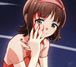  1girl amami_haruka bare_shoulders blood blood_on_face brown_hair commentary_request cosplay elbow_gloves gloves green_eyes hairband highres idolmaster idolmaster_(classic) kirigoe_mima kirigoe_mima_(cosplay) parody perfect_blue short_hair smile solo yuzuhota0313 