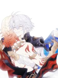  2boys antenna_hair armlet armor back_tattoo black_choker black_coat black_gloves black_pants black_shirt blonde_hair blue_cape cape choker clawed_gauntlets closed_eyes coat fingerless_gloves floating_cape gloves gold_necklace gradient_hair hashtag-only_commentary highres honkai:_star_rail honkai_(series) jewelry jxunnnno male_focus medium_hair multicolored_hair multiple_boys mydei_(honkai:_star_rail) necklace open_clothes open_coat pants parted_bangs pauldrons phainon_(honkai:_star_rail) red_hair shirt short_hair shoulder_armor simple_background single_glove single_pauldron tattoo white_background white_coat white_hair yaoi 