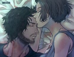  1boy 1girl artist_name beard black_hair blue_shirt carlos_oliveira closed_eyes facial_hair jill_valentine kiss kissing_forehead mappo_m2 mustache_stubble parted_lips resident_evil resident_evil_3:_nemesis resident_evil_3_(remake) shirt signature stubble 