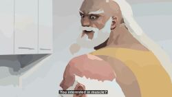  2boys a0secret azam_(street_fighter) bara beard cupboard dark-skinned_male dark_skin facial_hair full_beard gouken highres kitchen long_hair mature_male multiple_boys muscular muscular_male size_difference sleeveless street_fighter street_fighter_v vest white_hair yellow_vest 