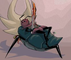  1girl armor arthropod_girl beast_(god_tamer)_(hollow_knight) blood bug god_tamer_(hollow_knight) helmet highres holding holding_weapon hollow_knight ink_soldier lying on_back sword tagme weapon  rating:General score:1 user:853214728