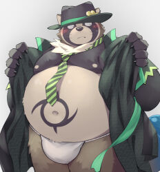 1boy animal_ears bara belly blush claws closed_mouth commentary_request fang fang_out fat fat_man fundoshi furry furry_male green_necktie highres japanese_clothes kinoshita_jiroh live_a_hero male_focus navel necktie nipples raccoon_boy raccoon_ears raccoon_tail shoen_(live_a_hero) striped_necktie sweatdrop tail undressing whiskers