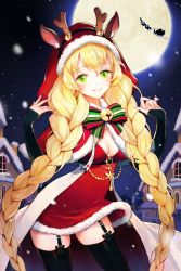  1girl :d animal_ear_fluff animal_ears antlers bell black_thighhighs blonde_hair braid breasts cape christmas cleavage commentary_request cowboy_shot fake_animal_ears full_moon fur_trim garter_straps green_eyes highres hood hood_up horns house jewelry jingle_bell legs_apart long_hair long_sleeves moon night official_art open_mouth outdoors santa_claus santa_costume sleeves_past_wrists smile snowing solo sparkle sword_girls teeth thighhighs twin_braids very_long_hair yuri_(anachronic) 