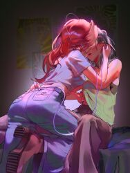  2girls absurdres between_legs black_hair blue_pants brown_pants commentary denim earphones green_tank_top hand_on_another&#039;s_waist highres indoors jeans kininatteru_hito_ga_otoko_ja_nakatta koga_mitsuki long_hair multiple_girls oosawa_aya pants parted_lips pink_hair poster_(object) purple_shirt shared_earphones shirt short_sleeves symbol-only_commentary tank_top x_chunmaru yuri 