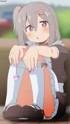  1boy artist_name bambi2000line black_shoes blurry blurry_background blush bow bowtie brown_eyes candy commentary convenient_leg crossdressing crossdressing_(mtf) food frilled_skirt frills full_body grey_hair hair_between_eyes hair_bobbles hair_ornament hairclip hands_on_own_knees highres holding holding_candy holding_food holding_lollipop kneehighs lollipop looking_at_viewer maid male_focus male_maid medium_hair nail_polish on_ground onii-chan_wa_oshimai! pink_nails puffy_short_sleeves puffy_sleeves senkawa_minato shoes short_sleeves side_ponytail sitting skirt socks solo trap white_socks 