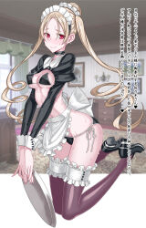  1girl alternate_costume apron bikini black_bikini black_shoes blonde_hair breasts choker closed_mouth commentary_request detached_sleeves enmaided fingernails frills full_body hair_bun highres holding honjou_raita long_hair long_sleeves looking_at_viewer mahou_shoujo_(raita) maid maid_bikini maid_headdress medium_breasts paid_reward_available parted_bangs perky_breasts puffy_sleeves red_eyes sasaki_kotone shiny_clothes shoes side-tie_bikini_bottom single_hair_bun solo sweat sweatdrop swimsuit thighhighs thighs translation_request tray twintails unconventional_maid waist_apron 
