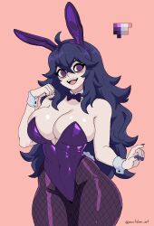  1girl @_@ alternate_costume animal_ears bare_shoulders black_leotard blush breasts cleavage curvy fake_animal_ears hex_maniac_(pokemon) highres large_breasts leotard messy_hair nintendo npc_trainer playboy_bunny pokemon pokemon_xy purple_hair rabbit_ears 