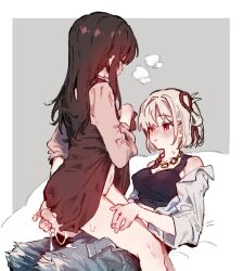  1futa 1girl black_dress black_hair blonde_hair blush breasts chain chain_necklace dress futa_with_female futanari girl_on_top grey_background hair_ribbon highres inoue_takina jewelry long_hair lycoris_recoil medium_breasts necklace nishikigi_chisato penis red_eyes red_ribbon ribbon shioneko114 shirt short_hair simple_background uncensored white_shirt yuri  rating:Explicit score:65 user:danbooru