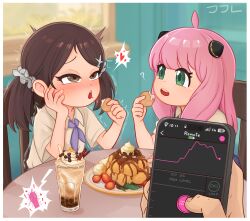  1other 2girls ? ahoge anya_(spy_x_family) becky_blackbell blush brown_eyes brown_hair cellphone dessert food fruit hairpods hetero highres ice_cream jjl loli long_hair moaning multiple_girls oscarlllll overalls phone pink_hair remote_control_vibrator rolling_eyes sex_toy shirt short_twintails sitting spy_x_family strawberry trembling twintails vibrator 