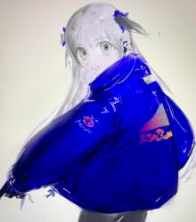 1girl :d bad_id bad_twitter_id blue_jacket cowboy_shot fcx4l from_behind grey_background grey_hair highres inactive_account jacket long_hair long_sleeves looking_at_viewer looking_back open_mouth original smile solo standing rating:General score:0 user:danbooru