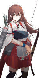  1girl akagi_(kancolle) akagi_kai_ni_(kancolle) brown_eyes brown_hair flight_deck gaiters hair_between_eyes hakama hakama_short_skirt hakama_skirt highres japanese_clothes kantai_collection kinona long_hair muneate red_hakama skirt smile solo tasuki thighhigh_gaiters thighhighs very_long_hair yumi_(bow) 