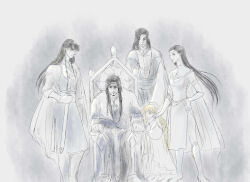 2girls 3boys aredhel aunt_and_niece blonde_hair braid brother_and_sister cape closed_eyes closed_mouth dress elf father_and_daughter father_and_son fingolfin fingon floating_hair fur_cape hand_on_another&#039;s_shoulder height_difference holding holding_sword holding_weapon idril_celebrindal king long_hair looking_at_viewer mintkim monochrome multiple_boys multiple_girls pointy_ears prince princess siblings sitting smile standing sword the_silmarillion throne tiara tolkien&#039;s_legendarium turgon twin_braids uncle_and_niece weapon