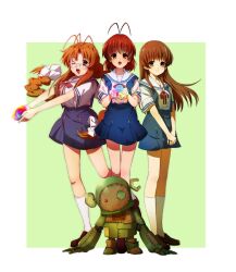 &gt;_o 3girls :d ;d absurdres alternate_costume antenna_hair bespectacled blue_skirt blush border braid braided_ponytail bread brown_eyes brown_footwear brown_hair chinese_commentary clannad closed_mouth commentary_request dango_daikazoku floating_hair food full_body furukawa_nagisa furukawa_sanae garbage_doll girl_from_the_illusionary_world glasses green_background high-waist_skirt highres hikarizaka_private_high_school_uniform holding holding_food kneehighs loafers long_hair looking_at_viewer low_ponytail medium_hair mogege_gk mother_and_daughter multiple_girls official_alternate_costume one_eye_closed open_mouth ponytail red_ribbon ribbon sailor_collar school_uniform serafuku shirt shoes short_sleeves sidelocks simple_background skirt smile socks spoilers standing standing_on_one_leg summer_uniform suspender_skirt suspenders very_long_hair white-framed_eyewear white_border white_sailor_collar white_shirt white_socks |_|
