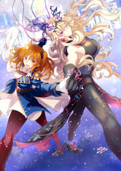  2girls artist_name barghest_(fate) barghest_(second_ascension)_(fate) black_gloves blonde_hair commentary crown dated elbow_gloves fate/grand_order fate_(series) floating_hair fujimaru_ritsuka_(female) fujimaru_ritsuka_(female)_(halloween_royalty) gloves heterochromia highres holding_hands long_hair multiple_girls open_mouth orange_eyes orange_hair renia_(xxx_wg_869) short_hair side_ponytail smile tall_female twitter_username 