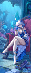  1girl absurdres alternate_costume aquarium asymmetrical_gloves blue_eyes blue_gloves book book_stack breasts chair cleavage cowlick crossed_legs furina_(genshin_impact) genshin_impact gloves head_rest highres indoors long_hair looking_at_viewer medium_breasts mismatched_gloves on_chair reaching reaching_towards_viewer single_bare_foot single_off_shoulder single_sleeve sitting solo thighhighs unworn_shoe white_gloves white_hair white_thighhighs yelan_xing_xuan 