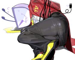  1boy ant_tenna asd1565326 ass bdsm black_pants bondage bound crt deltarune flying_sweatdrops heart lying male_focus necktie object_head on_side pants pointy_nose shirt shoes simple_background small_sweatdrop solo tailcoat white_background white_shirt yellow_necktie yellow_shoes 
