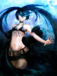  1girl a-er_(akkij0358) belt bikini black_choker black_coat black_hair black_rock_shooter black_rock_shooter_(character) black_shorts blue_eyes blue_fire choker coat fire flaming_eye front-tie_top glowing glowing_eye highres long_hair scar shorts solo swimsuit twintails uneven_twintails 