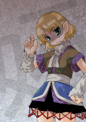  1girl arm_warmers black_skirt blonde_hair braid breasts brown_shirt closed_mouth commentary_request cowboy_shot frown green_eyes grey_background half_up_braid kazuiyun looking_at_viewer mizuhashi_parsee pointy_ears sash scarf shaded_face shirt short_hair short_sleeves skirt small_breasts solo touhou v-shaped_eyebrows white_sash white_scarf 
