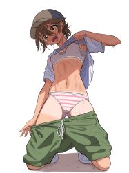 1girl :d absurdres baseball_cap breasts clothes_lift clothes_pull commentary english_commentary female_pubic_hair full_body gluteal_fold green_pants hair_ornament hairclip hat highres kneeling kyoko_(madaotheory) looking_at_viewer madaotheory navel open_mouth original pants pants_pull pubic_hair shirt shirt_lift short_sleeves shorts small_breasts smile solo stomach sweat t-shirt tan tanline tomboy toned toned_female torso_flash rating:Sensitive score:111 user:danbooru