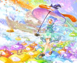  3girls ;d animal_ears artistic_error asymmetrical_wings blue_hair boat colorful commentary_request dowsing_rod gensokyo geta highres houjuu_nue im_(badmasa) implied_pantyshot karakasa_obake long_sleeves mouse_ears multiple_girls nazrin one_eye_closed open_mouth outstretched_arms palanquin_ship purple_umbrella rain rainbow_gradient rainbow_order ship shirt skirt skirt_set smile spread_arms tatara_kogasa touhou umbrella vest walking watercraft wings wrong_foot 