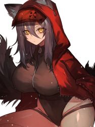  1girl animal_ears arknights arrow_(symbol) breasts brown_hair brown_one-piece_swimsuit brown_tail closed_mouth commentary covered_navel cowboy_shot ears_through_hood eyes_visible_through_hair groin highleg highleg_one-piece_swimsuit highres hood hood_up hooded_jacket jacket large_breasts light_particles long_hair looking_at_viewer official_alternate_costume one-hour_drawing_challenge one-piece_swimsuit open_clothes open_jacket projekt_red_(arknights) projekt_red_(light_breeze)_(arknights) red_jacket sakazuki_hijiri simple_background solo swimsuit tail thigh_strap visor_cap white_background yellow_eyes zipper_pull_tab  rating:Sensitive score:5 user:danbooru