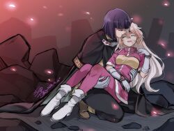  1boy 1girl black_cape black_pants boots brown_boots cape carrying closed_eyes dated debris dirty dirty_clothes dirty_face earrings gloves highres jewelry kneeling lina_inverse long_hair pants pink_pants pink_shirt princess_carry purple_eyes purple_hair senki_xl shirt short_hair signature slayers white_boots white_gloves xelloss 