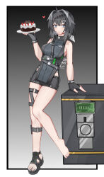  1girl absurdres ahoge arknights bare_shoulders black_background black_gloves black_hair black_sandals black_shirt black_shorts blue_eyes blush border breasts bright_pupils cake chinese_commentary closed_mouth commentary_request covered_navel feet fingerless_gloves food fruit full_body gloves gradient_background grey_background hair_intakes hair_ornament hairclip heart highres holding holding_plate knees_together_feet_apart la_pluma_(arknights) looking_at_viewer medium_breasts multicolored_hair muusn plate sandals shirt short_hair short_shorts shorts single_bare_foot single_sandal sleeveless sleeveless_shirt solo standing strap strawberry streaked_hair thigh_strap toes white_border white_pupils 