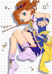  1girl absurdres anniversary blue_eyes blue_skirt boots bow closed_mouth create_festival_(idolmaster) floating full_body grid_background hair_bow highres idolmaster idolmaster_(classic) idolmaster_million_live! idolmaster_million_live!_theater_days kazari_(user_fzax7722) looking_at_viewer multicolored_bow orange_hair shadow shirt shoe_soles skirt sleeveless sleeveless_shirt solo star_(symbol) takatsuki_yayoi twintails white_background white_boots 