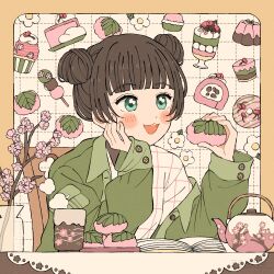  1girl :d blunt_bangs blush_stickers book border brown_hair commentary_request dango double_bun eeppa food green_eyes green_shirt grid_background hair_bun highres holding holding_food long_sleeves macaron mochi open_book open_mouth original outside_border pudding sakura_mochi shirt short_hair smile solo teapot upper_body wagashi white_background yellow_border 