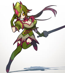 1girl black_footwear black_sclera breasts bustier cleavage cleavage_cutout closed_mouth clothing_cutout colored_sclera detached_sleeves espinas garter_straps gloves green_gloves green_hair green_hat hand_up hat highres holding holding_sword holding_weapon large_breasts leg_up leggings long_hair monster_hunter_(series) monster_hunter_frontier multicolored_hair one_eye_covered pale_skin personification ponytail puffy_short_sleeves puffy_sleeves rapier red_hair red_trim short_sleeves skirt smirk solo strap sword tricorne two-tone_hair two-tone_headwear user_ttug5452 weapon yellow_eyes