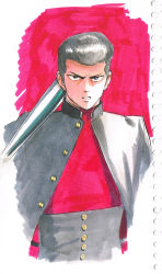 1boy absurdres baseball_bat black_eyes black_hair black_jacket delinquent frown gakuran highres holding holding_baseball_bat jacket kinzoku_bat looking_at_viewer male_focus murata_yuusuke official_art one-punch_man pompadour red_background sanpaku scan school_uniform solo traditional_media rating:Sensitive score:11 user:danbooru