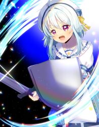  1girl :d ahoge beret blue_dress commentary_request commission copyright_request dress fang frilled_sailor_collar frills grey_hair hair_between_eyes hair_intakes hat holding holding_sword holding_weapon kou_hiyoyo long_hair open_mouth puffy_short_sleeves puffy_sleeves purple_eyes sailor_collar shield shirt short_sleeves skeb_commission smile solo striped_clothes striped_dress sword v-shaped_eyebrows vertical-striped_clothes vertical-striped_dress virtual_youtuber weapon white_hat white_sailor_collar white_shirt 