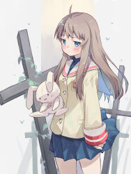  1girl ahoge akayama_yukihe arm_at_side blue_eyes blue_skirt blush blush_stickers brown_hair clannad closed_mouth commentary cowboy_shot cross english_commentary expressionless grey_background highres hikarizaka_private_high_school_uniform holding holding_stuffed_toy jacket jitome long_hair long_sleeves miniskirt miyazawa_yukine pleated_skirt sailor_collar school_uniform serafuku sidelocks simple_background skirt solo straight_hair stuffed_animal stuffed_rabbit stuffed_toy turtleneck white_sailor_collar yellow_jacket 