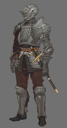  1boy absurdres armor belt breastplate demon&#039;s_souls faulds full_armor gauntlets gorget greaves helm helmet highres knight looking_to_the_side male_focus official_art ostrava_of_boletaria pauldrons scan sheath sheathed shoulder_armor single_pauldron solo sword weapon 