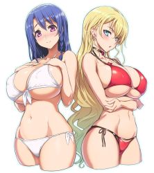 10s 2girls bare_shoulders bikini blonde_hair blue_eyes blue_hair blush braid breast_hold breast_suppress breasts choker claire_harvey cleavage covered_erect_nipples cropped_legs curvy halterneck highres huge_breasts hundred_(light_novel) kashiwagi_miharu large_breasts long_hair looking_at_viewer mole mole_under_eye multiple_girls navel ookuma_nekosuke open_mouth outline purple_eyes red_bikini side-tie_bikini_bottom side_braid simple_background smile standing swimsuit underboob white_background white_bikini wide_hips rating:Sensitive score:357 user:danbooru
