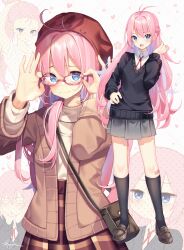 1girl absurdres ahoge bag blue_eyes collared_shirt female_focus forehead full_body glasses hair_between_eyes handbag hands_on_own_cheeks hands_on_own_face hat heart highres huge_filesize kawaii_dake_ja_nai_shikimori-san kneehighs kuri_(animejpholic) long_hair long_sleeves looking_at_viewer miniskirt multiple_views open_mouth pink_hair pleated_skirt pout school_uniform shikimori_miyako shirt skirt smile socks standing sweater tying_hair white_background white_shirt rating:General score:20 user:danbooru