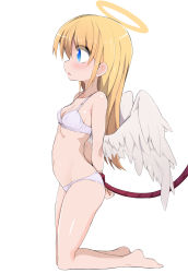  1girl :o absurdres angel angel_wings arms_behind_back barefoot blonde_hair blue_eyes blush bound bound_wrists bow bow_bra bra breasts cleavage feathered_wings female_focus from_side full_body halo highres kneeling loli long_hair morino_donguri navel open_mouth original panties rope simple_background small_breasts solo thighs underwear underwear_only white_background white_bra white_panties wings  rating:Questionable score:42 user:Domestic_Importer