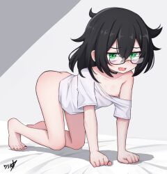  1girl all_fours bags_under_eyes barefoot black_collar black_hair blush boppin bottomless breasts collar commission fang full_body glasses green_eyes hair_between_eyes highres loli looking_at_viewer nipples no_panties on_bed open_mouth original shadow shirt shirt_slip short_hair signature skin_fang small_breasts smile solo white_shirt 