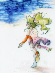  1girl absurdres blue_eyes boots breasts cape detached_sleeves dress final_fantasy final_fantasy_vi full_body gold_trim green_hair hair_ribbon highres hori_wo long_hair medium_breasts pantyhose parted_bangs pink_cape ponytail print_pantyhose red_boots red_dress red_sleeves ribbon sash sidelocks solo strapless strapless_dress tina_branford traditional_media tube_dress twitter_username waist_sash wavy_hair 