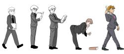  1boy awsmstevie bent_over black_footwear black_necktie blonde_hair book commentary debimbofication_(meme) english_commentary formal_clothes grey_pants grey_suit highres male_focus meme mob_psycho_100 multiple_views necktie pants pink_necktie reigen_arataka shoes simple_background suit white_background 