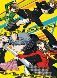  2boys 2girls amagi_yukiko atlus bike_shorts black_hair breasts brown_hair caution_tape character_request dual_wielding hand_fan folding_fan gakuran hairband headphones holding houndstooth jacket katana keep_out kunai long_hair megami_tensei multiple_boys multiple_girls narukami_yu pantyhose persona persona_4 caution_tape satonaka_chie school_uniform shin_megami_tensei short_hair shorts shorts_under_skirt silver_hair small_breasts socks suta_furachina sword track_jacket weapon 
