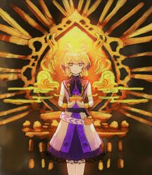  1girl belt black_belt black_sailor_collar blonde_hair closed_mouth commentary_request cowboy_shot earmuffs gold highres looking_at_viewer neck_ribbon pointy_hair purple_ribbon purple_skirt ribbon ritsuzou sailor_collar shirt short_hair skirt sleeveless sleeveless_shirt smile solo touhou toyosatomimi_no_miko white_belt white_shirt yellow_eyes 
