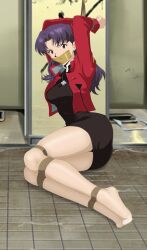 1girl bound commission cross cross_necklace full_body gag highres improvised_gag jacket jewelry jfbz katsuragi_misato long_hair necklace neon_genesis_evangelion pantyhose peril purple_hair red_jacket restrained solo tape tape_gag 
