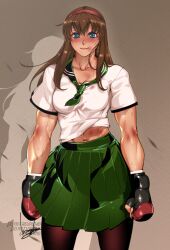  1girl blue_eyes bowalia boxing_gloves brown_hair collared_shirt dead_or_alive green_sailor_collar green_skirt hairband hitomi_(doa) long_hair midriff_peek muscular muscular_female navel pink_hairband pleated_skirt sailor_collar school_uniform shirt short_sleeves skirt smile solo white_shirt 