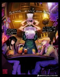  1boy 3girls apron black_apron black_eyes black_gloves black_hair black_tank_top blonde_hair blue_pants burger burger_king_crown chainsaw_man chef_hat clenched_teeth closed_eyes commentary denim denji_(chainsaw_man) drinking_straw elbow_gloves english_commentary english_text falling_devil_(chainsaw_man) fast_food flat_top_chef_hat food french_fries gloves grey_shirt hat highres holding holding_burger holding_food indoors jeans long_hair mitaka_asa multiple_girls normak pants red_eyes reze_(chainsaw_man) shirt short_hair tank_top teeth waist_apron white_tank_top 