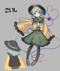  1girl absurdres adapted_costume backpack bag belt black_hat black_pantyhose brown_bag brown_belt character_name closed_mouth commentary crystal eyeball floral_print frilled_sleeves frills green_eyes green_hair green_skirt grey_background hat heart heart_of_string highres keiki8296 komeiji_koishi layered_clothes light_frown long_sleeves looking_at_viewer multiple_views open_clothes open_shirt pantyhose print_skirt rose_print shirt shoes skirt sleeves_past_fingers sleeves_past_wrists third_eye touhou translated wide_sleeves yellow_shirt 